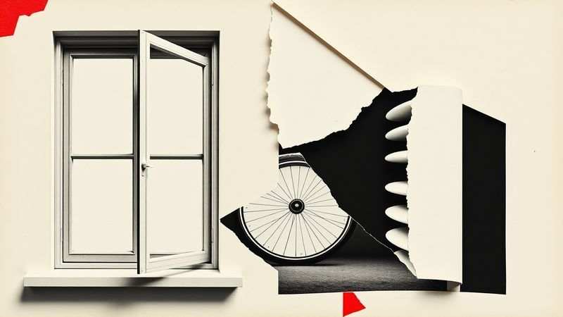 dada photomontage of mismatched architectural fragments—a window frame at impossible scale illustration for The Frequency You Built For