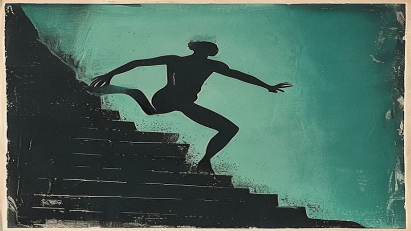 Woodblock linocut style: silhouette of a figure in motion descending stairs with one hand touching the wall depicting figure in motion descending stairs with one hand touching the wall