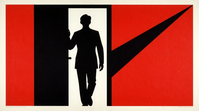 Soviet constructivist propaganda poster style depicting figure partially silhouetted in doorframe