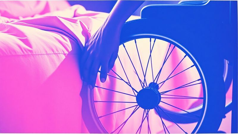 risograph print of a hand transferring from bed to wheelchair wheel in one fluid motion illustration for Determined to Disappear