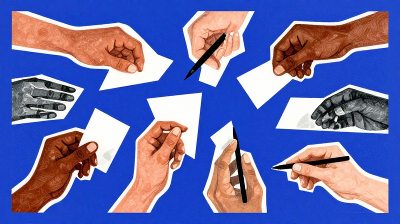 Flat paper cut-out collage style: overlapping torn shapes of hands in different skin tones holding fragments of pages at impossible angles depicting hands in different skin tones holding fragments of pages at impossible angles