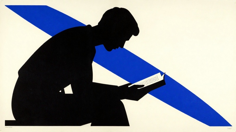Soviet constructivist poster composition: bold black silhouette of figure hunched over reading depicting figure hunched over reading