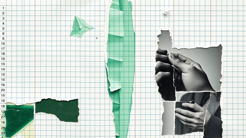 Dada photomontage of spreadsheet cells torn and reassembled at conflicting scales depicting hands sorting or organizing