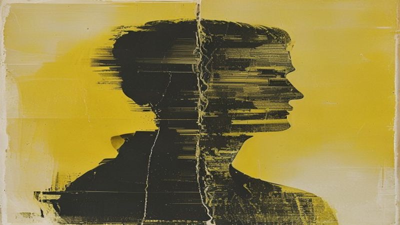 Xerox zine photocopier distortion of a silhouette figure split vertically in half — one side sharp and compliant depicting figure split vertically in half — one side sharp and compliant