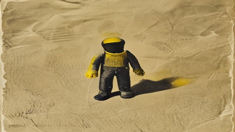 Risograph print of a tiny standardized worker figurine (toy-scale) photographed from below against crumpled kraft paper textured with fingerprints and creases depicting figure impossibly small filling negative space