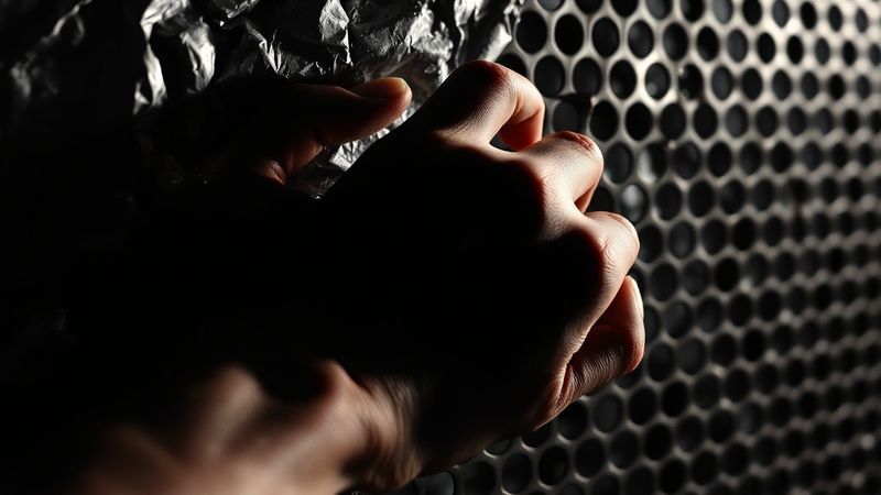 A single hand in profile pressing against crumpled industrial mesh or perforated metal that's being pushed back illustration for The Case Study With No Second Act