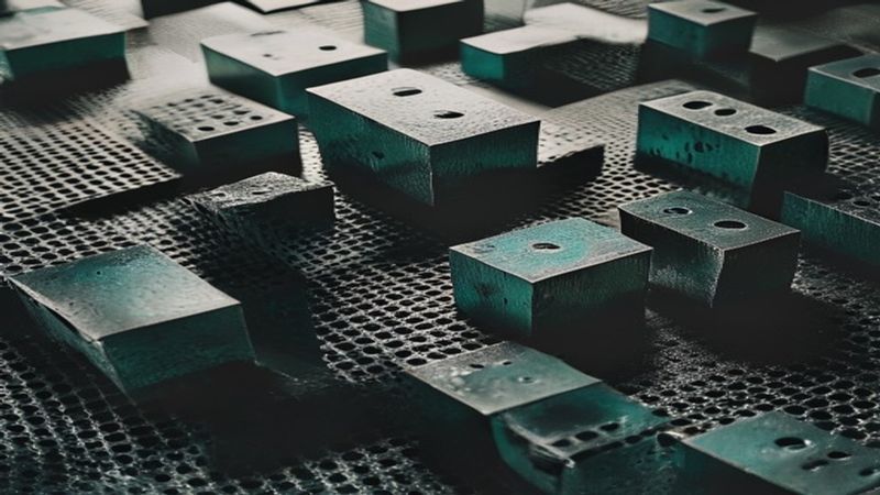 surreal letterpress composition: oversized metal type blocks scattered across perforated steel mesh at impossible angles illustration for The Economists Cannot Hear the Work That Already
