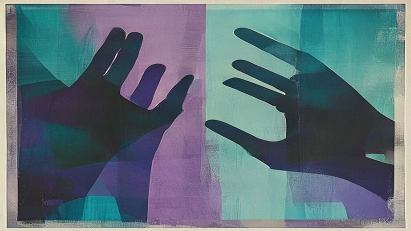 riograph print: layered silhouettes of hands gesturing in conversation depicting hands gesturing in conversation