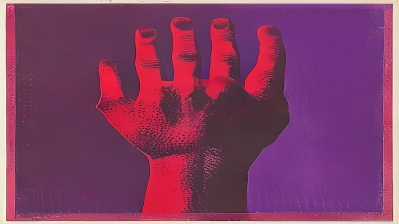risograph print of a human hand pressing against perforated metal mesh illustration for The Escape Pod