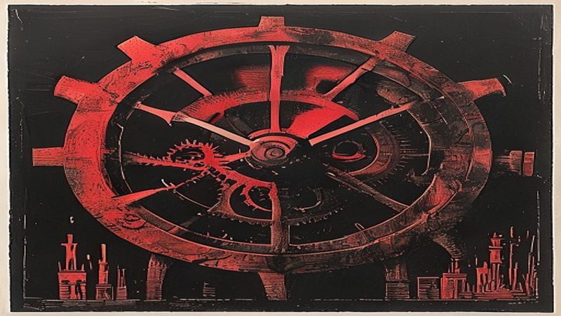 linocut woodblock style: absurdly oversized ticking clock gear filling entire frame against negative space illustration for The Escape Pod