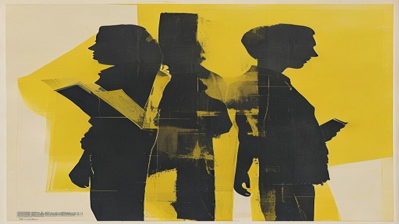 risograph print of overlapping transparent silhouettes in black and acid yellow depicting figure reading downward one figure reading sideways one figure reading the negative space