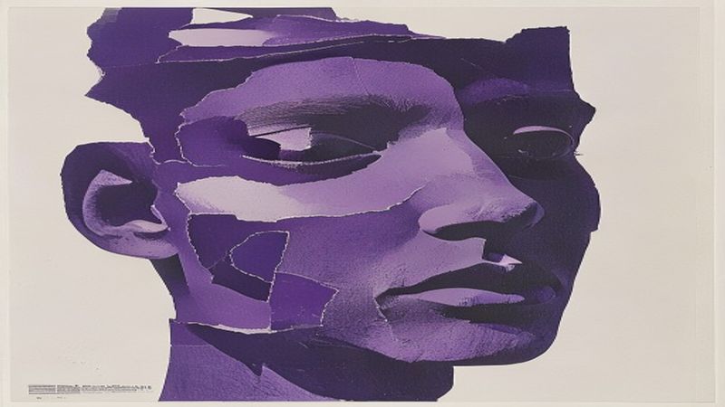 Risograph print of a deliberately generic sculptural face—smooth featureless form—being deconstructed into flat torn paper shapes in deep violet and black depicting figure fragmenting into its component parts as if the myth is peeling away