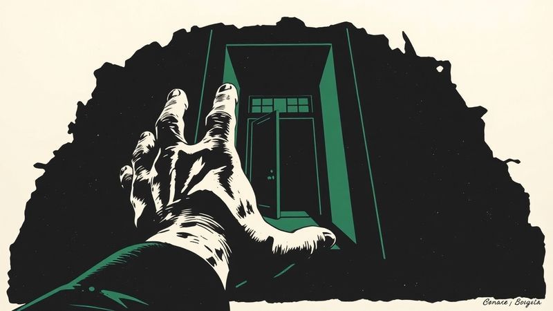 Woodblock linocut style: a hand carved mid-gesture reaching toward an inaccessible doorway that recedes into impossible perspective illustration for The Intelligence of Not Speaking