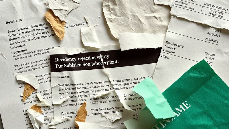 Dada photomontage of torn paper fragments at extreme close-up scale: a residency rejection letter illustration for The Intelligence of Not Speaking