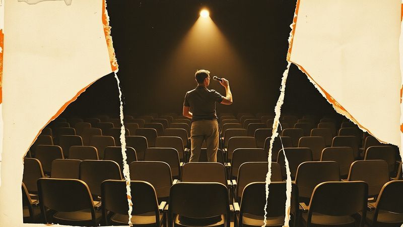 Dada photomontage collage: a lone figure stands with microphone in an empty theatre auditorium, rows of vacant seats receding behind them, a single harsh spotlight illuminating from above. Torn paper edges frame the scene, evoking institutional performance space awaiting an audience that never arrived.