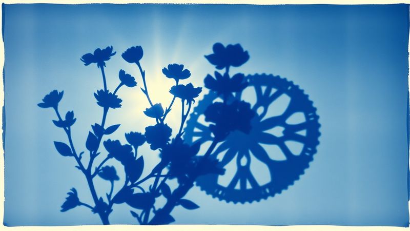 Cyanotype photogram on deep blue: wildflower stems and blossoms overlap a wheelchair wheel silhouette in sun-print style, botanical and mobility symbol merged into a single luminous form against an azure field.