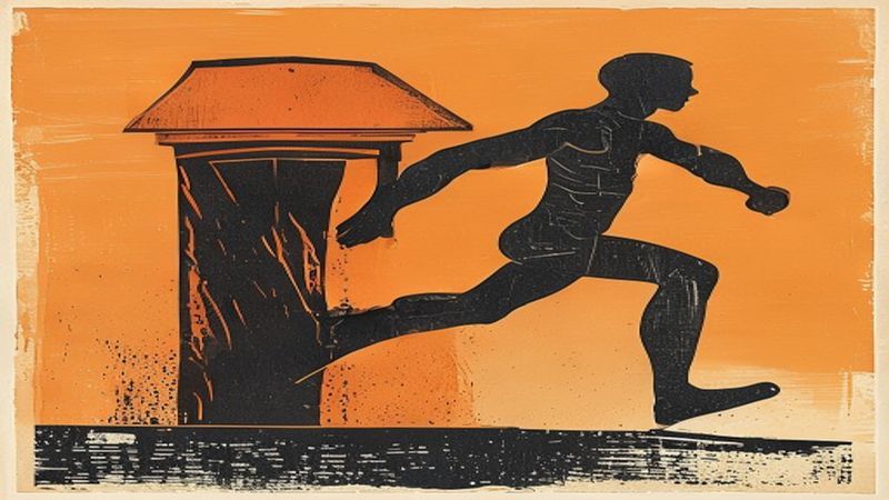 Woodblock linocut high contrast: bold silhouette of a body in motion pushing against a flat geometric landmark shape (the kiosk abstracted to pure form) illustration for The Map That Only Shows One Road
