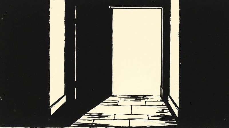 Linocut woodblock aesthetic: bold silhouette of a doorway viewed from inside looking out illustration for The Map That Stops at the Door