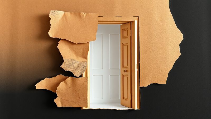 Surreal paper cut-out collage in flat rose gold and near-black: oversized map fragments (Matisse scale torn shapes) stacked and layered against a miniature doorframe illustration for The Map That Stops at the Door