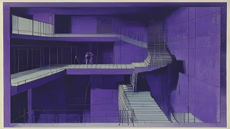 Surreal overhead view of a fourth-floor apartment interior compressed into impossible flatness depicting figure dwarfed by enormous staircase blocking doorway