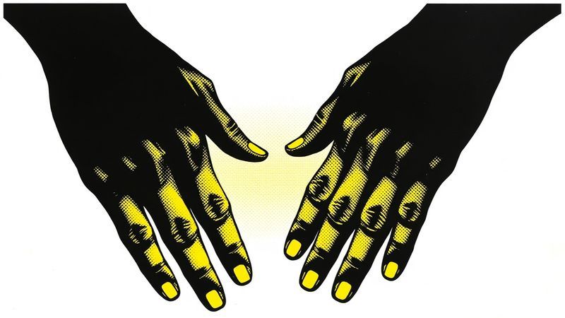 risograph print of two hands reaching toward each other but deliberately misregistered so they never touch depicting hands reaching toward each other but deliberately misregistered so they never touch