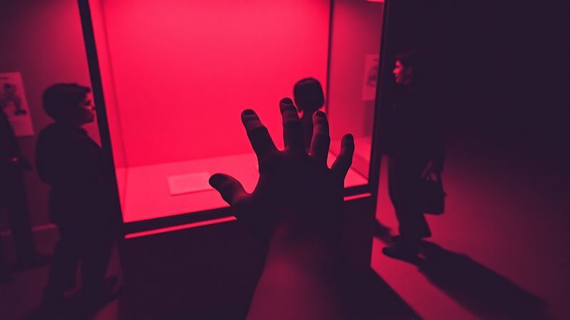 risograph print of a hand reaching toward a museum display case from below illustration for The Price of Looking