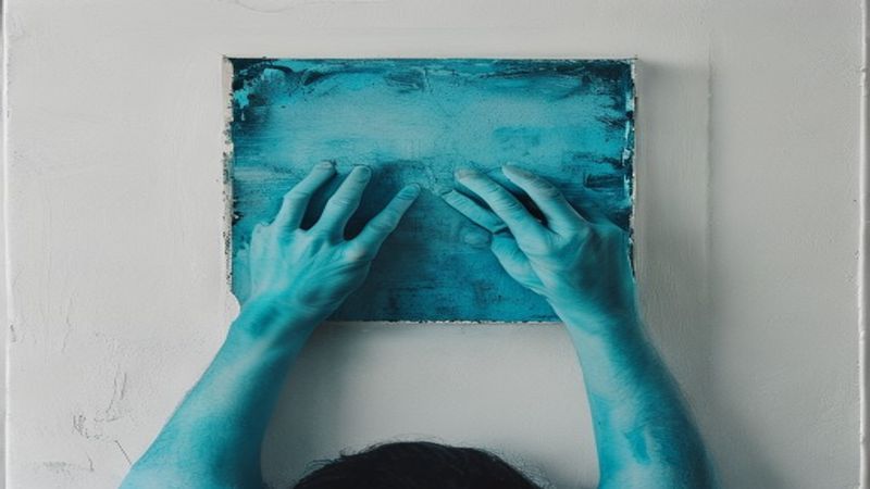 Pair of hands from below adjusting a painting on a white wall depicting hands from below adjusting a painting on a white wall