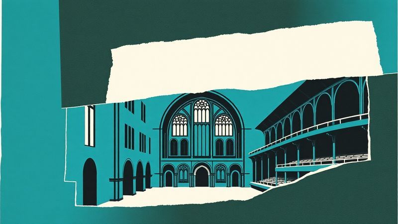 architectural cross-section diagram torn and reassembled like Dada collage illustration for The Room That Sings and the Three Steps That Stop Me