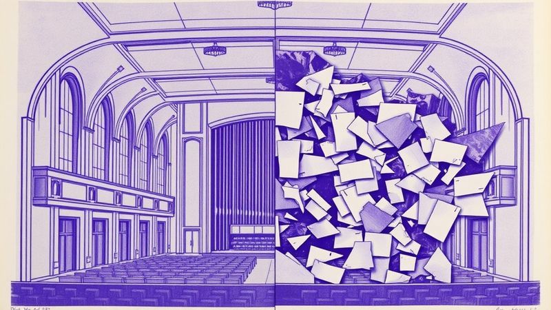 Architectural section drawing rendered as mimeograph ghost-print in purple-blue illustration for The Room Was Built to Listen Back — But Only to Some