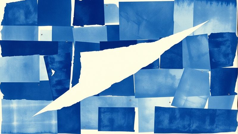 cyanotype of overlapping torn paper fragments of different schedules layered and pinned illustration for The Schedule Is the Argument
