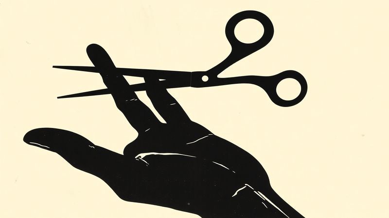 linocut woodblock print aesthetic: bold silhouette of an open hand with scissors emerging from the palm at impossible angle illustration for The Scissors Knew