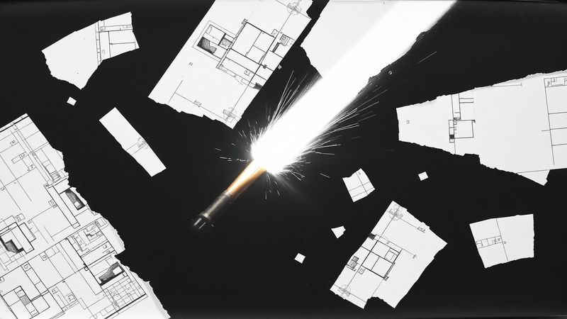 surreal collage of a welder's torch beam intersecting with architectural blueprint fragments at impossible angles illustration for The Signature on the Form