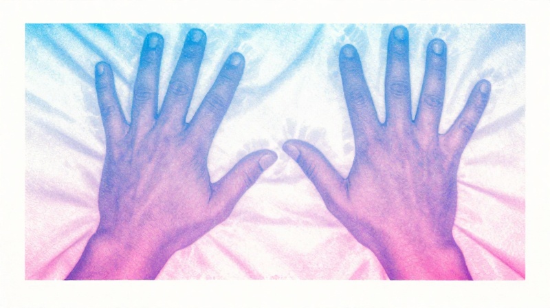hands shaking in a hotel room at night captured as a risograph print with misregistered cyan and magenta channels creating ghostly double-vision depicting hands shaking in a hotel room at night captured as a risograph print with misregistered cyan and magenta channels creating ghostly double-vision