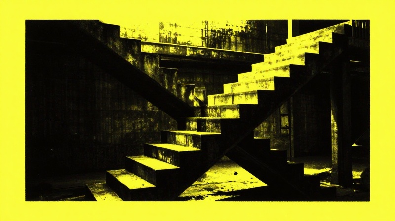 concrete warehouse steps photographed from directly below as a stark linocut silhouette illustration for The Sixty-Minute Hour
