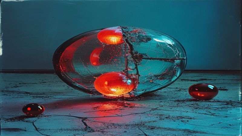 traffic light sculpture deconstructed — amber and red glass spheres scattered across concrete floor at Dutch angle illustration for The Stockpile Is the Body