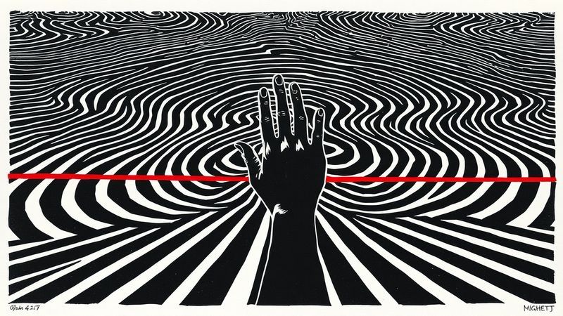 abstract woodblock linocut composition: bold black silhouettes of floor vibration patterns radiating outward like ripples frozen mid-motion illustration for The Vibration Was the Architecture