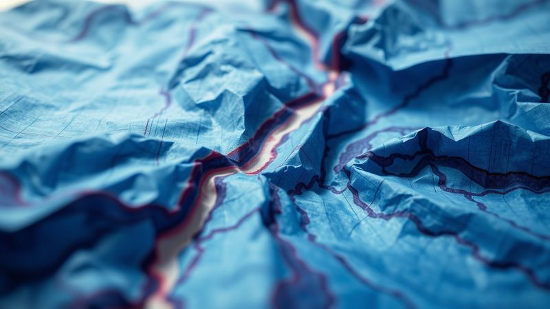 surreal close-up: architectural blueprint paper folded and crumpled into an impossible landscape illustration for The Vibration Was the Architecture