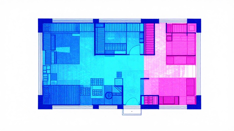 risograph print of a building floor plan viewed from above with one room isolated and glowing illustration for Thirty Artists Make One System