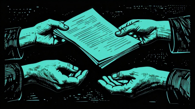 woodblock linocut style image of hands negotiating — one hand holding a stack of forms mid-air depicting hands negotiating — one hand holding a stack of forms mid-air