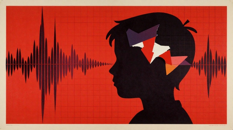 silhouette of a child's head in profile filled with layered flat shapes in clashing colors — acoustic waves as torn paper fragments illustration for Twenty-Seven Percent Means the Floor Rose