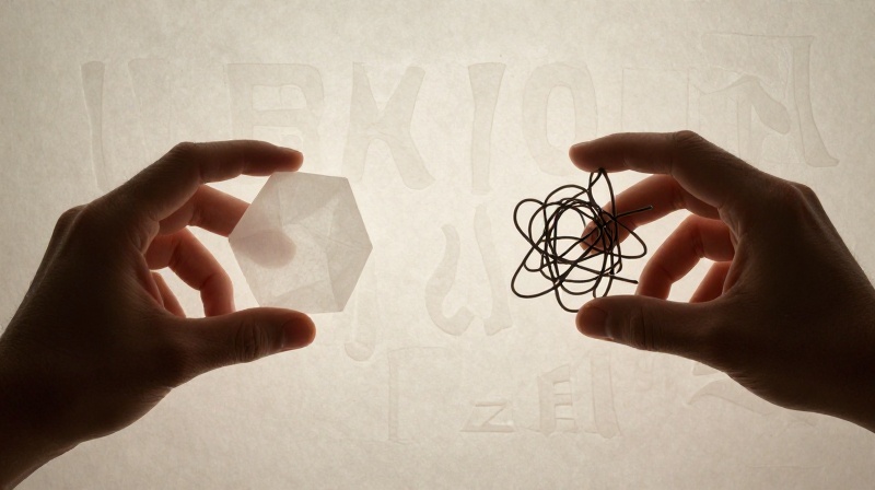 hands of two people reaching toward opposite corners of frame holding incompatible objects — one holds a clean geometric form depicting hands of two people reaching toward opposite corners of frame holding incompatible objects — one holds a clean geometric form