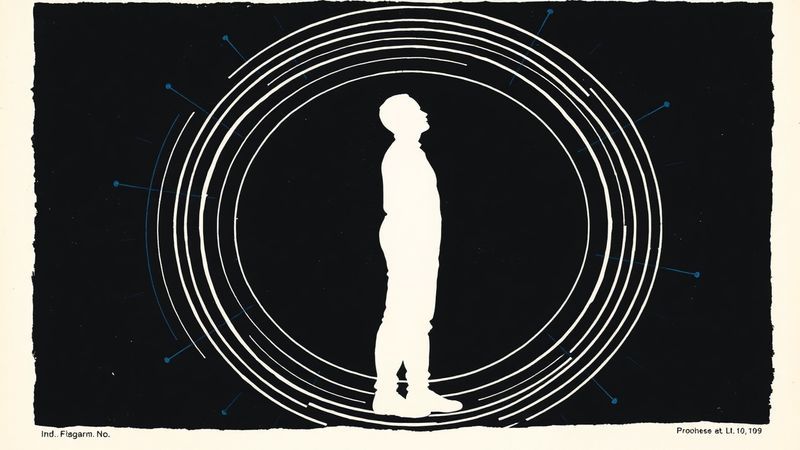 Linocut woodblock print: silhouette of a figure standing in negative space depicting figure standing in negative space