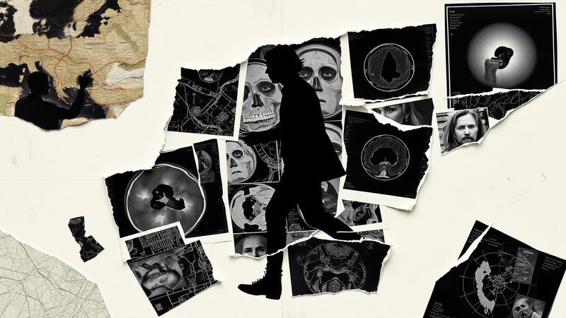 Dada photomontage of torn paper fragments: GPS map pieces depicting figure in motion