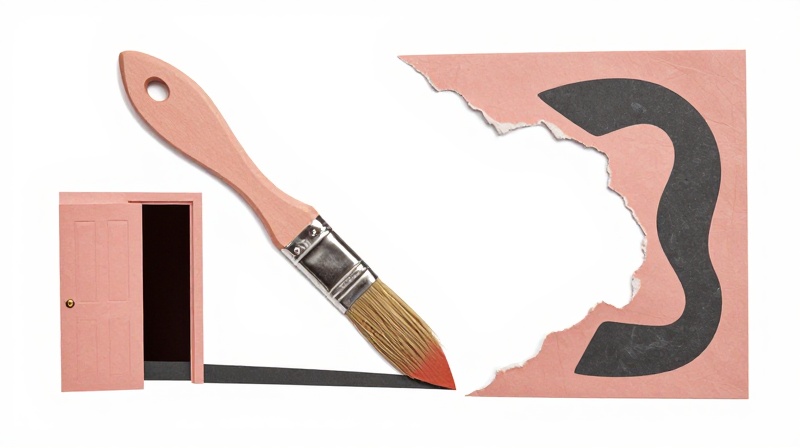 surreal paper cut-out collage style: oversized paintbrush handle bent at impossible angle beside tiny doorway cutout illustration for Villa Pilar Was Not Painted in a Sanatorium
