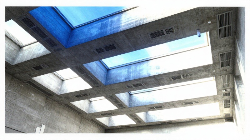 Architectural interior shot from below looking up at a gallery or concert hall ceiling with geometric skylights and ventilation grilles illustration for When the Room Hears Itself Back