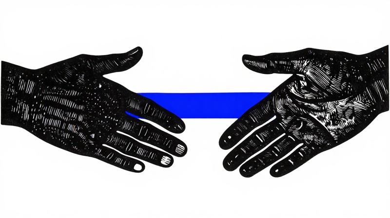 Hands in profile facing each other with a thin gap of cobalt blue negative space between the palms—not touching depicting hands textured with tiny parallel lines suggesting resonance or vibration